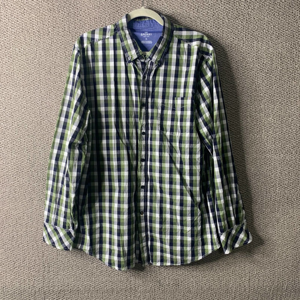 Sperry Mens Shirt XL Blue Green‎ Plaid Long Sleeves Button Down Pocket Casual